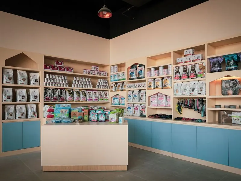 Shelves of pet food and supplies in the Pet Pavilion shop